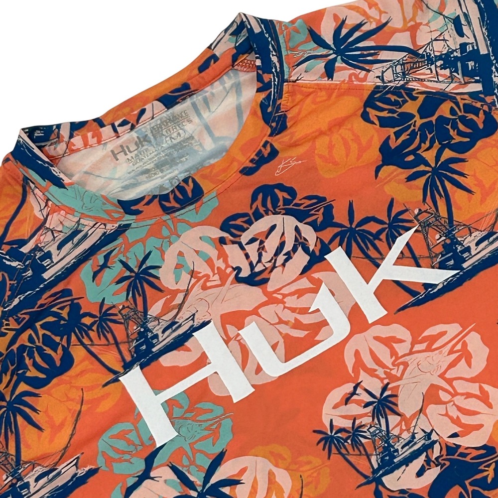 Huk Fishing Shirt Mens Medium Orange Tropical Floral Long Sleeve Performance Tee
